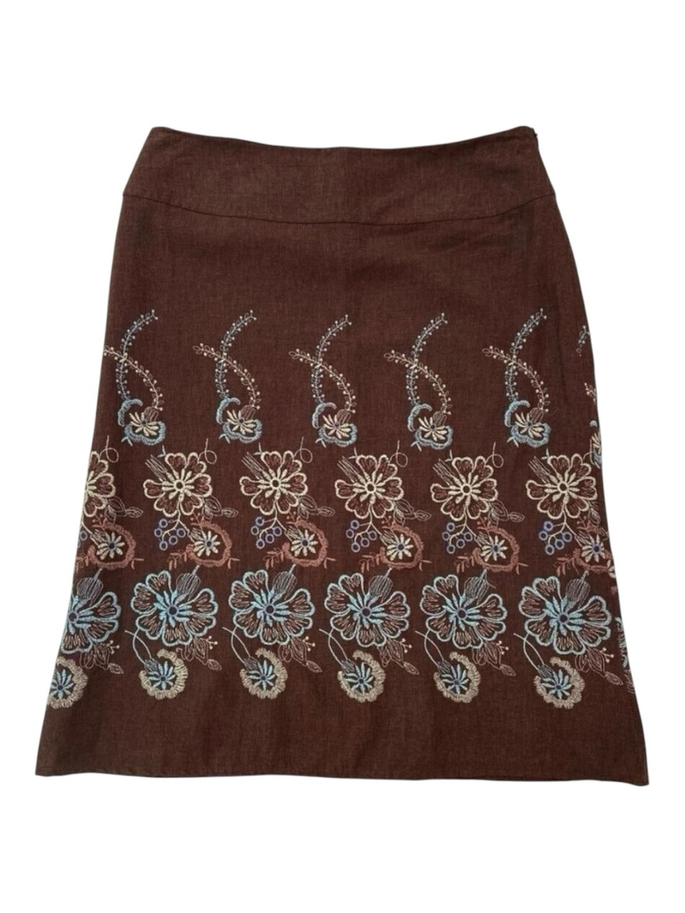 Lana Lee Brown Blue Floral Embroidered A-Line Skirt Linen Blend Size 8